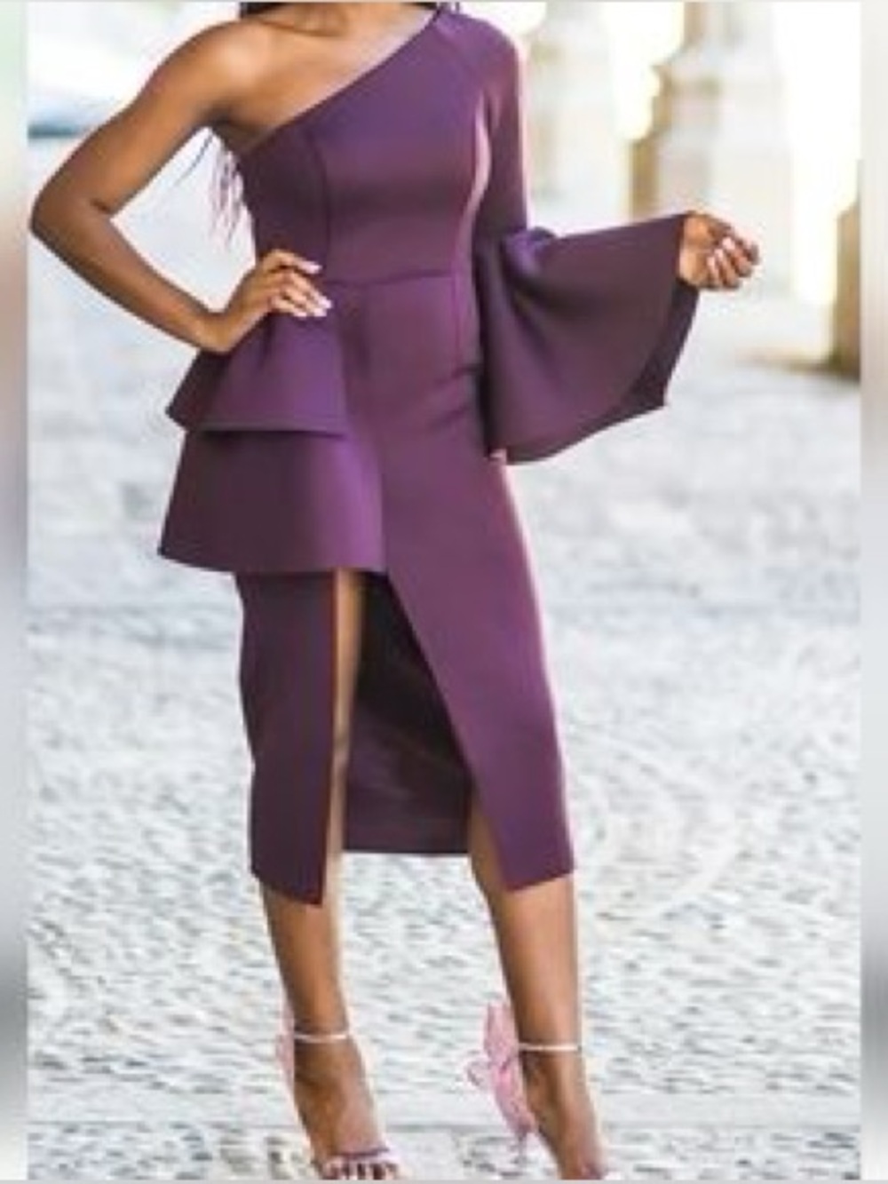 ASOS Purple One Shoulder Peplum Midi Dress Bell Sleeve US 0 NWT